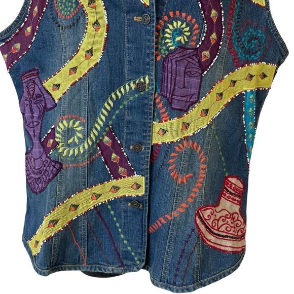 Vintage Chicos Patchwork Denim Embroidered Beaded Sequin Colorful Abstract Vest - Picture 3 of 11
